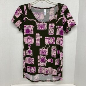 Camera Print Top by LuLaRoe Size XXS Classic T Brown Pink Camera Print All Over